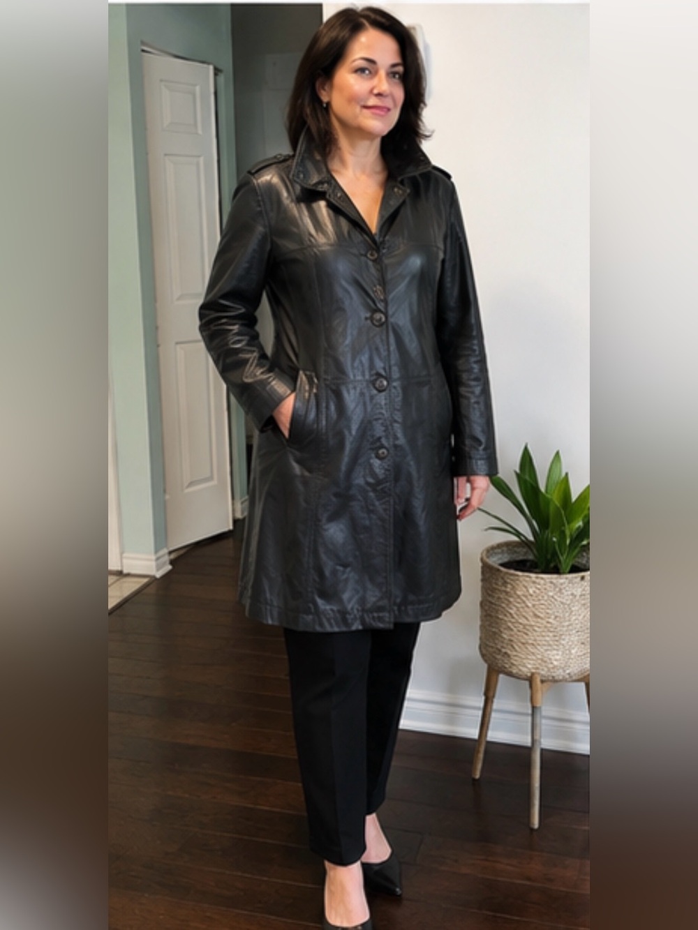 Danier Genuine Leather Long Coat Black 2XL